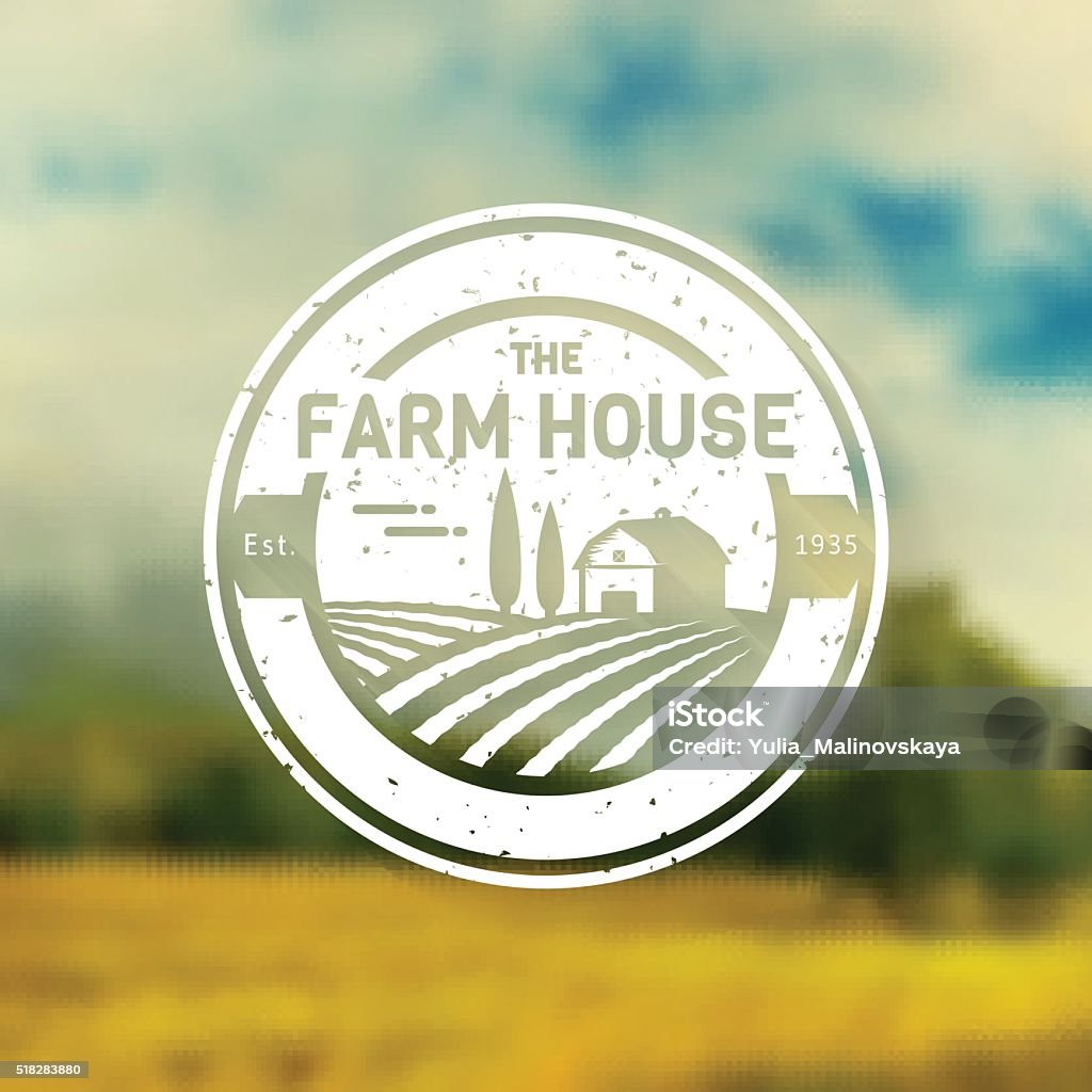 Farm House vintage sign. Vector label. Farm House concept sign. Vintage template with farm landscape on blurred background. Grunge label for natural farm products. White badge in flat style. Vector illustration. Farmhouse stock vector