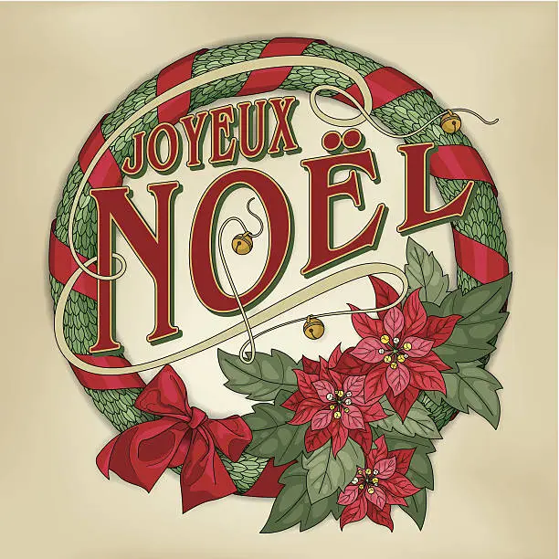 Vector illustration of Joyeux noël wreath with red poinsettias (Christmas card calligraphy)