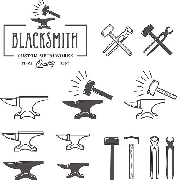 ilustraciones, imágenes clip art, dibujos animados e iconos de stock de herrero vintage etiquetas y elementos de diseño - herramientas de herrero