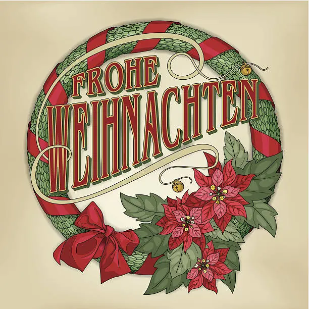 Vector illustration of Frohe Weihnachten wreath with red poinsettias (Christmas card calligraphy)