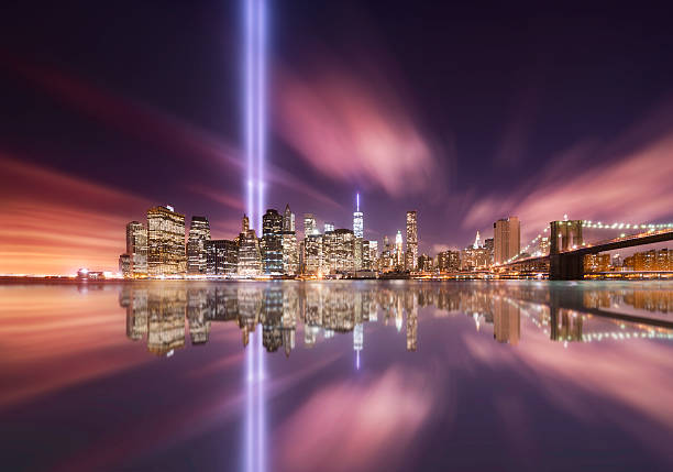 9-11 omaggio luci, manhattan, new york - world trade center september 11 new york city manhattan foto e immagini stock