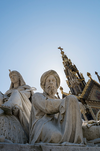 Low angle shot of African statues of the Albert Memorial in Kensington Gardens, in London. It was commissioned by Queen Victoria in memory of her late husband, Prince Alfred, and opened in 1872.