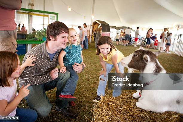Color Image Of Family Watching Goat At County Fair Stock Photo - Download Image Now - Agricultural Fair, Animal, Family