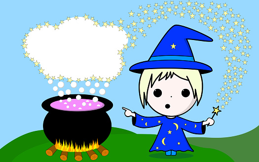 Cute Kawaii magician in a blue dress with stars and moons and a magic wandcasting a spell