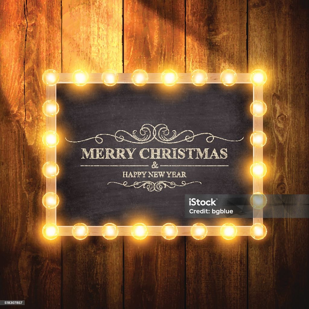 Christmas Lights on Chalkboard and Wooden Wall Christmas background . Christmas Lights on chalkboard and wooden wall. Light Bulb stock vector