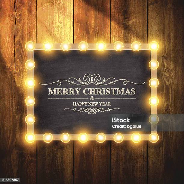 Christmas Lights On Chalkboard And Wooden Wall Stock Illustration - Download Image Now - Light Bulb, Border - Frame, Christmas