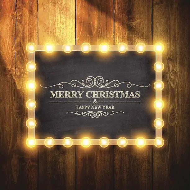 Vector illustration of Christmas Lights on Chalkboard and Wooden Wall