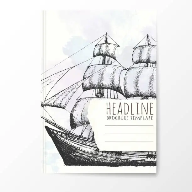 Vector illustration of Notebook template with hand drawn ship.