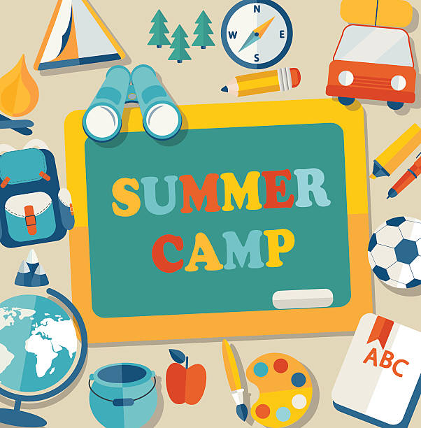 Summer camp illustration. Summer, Holiday, Travelling, Travel, People Traveling, Map, Journey, Camp, Symbols, Icons, Signs summer camp stock illustrations