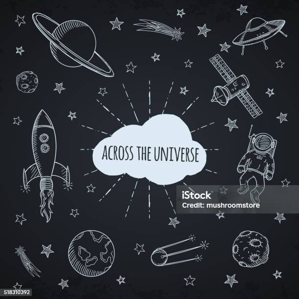 Hand Drawn Set Of Astronomy Doodles Stock Illustration - Download Image Now - Chalkboard - Visual Aid, Chalk Drawing, Child