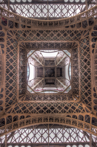 Standing underneath the Eiffel Tower, dead center looking up.