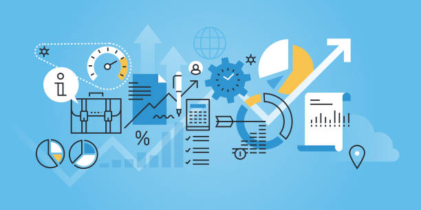 spanduk situs web desain garis datar analisis dan perencanaan bisnis - invest concept ilustrasi stok