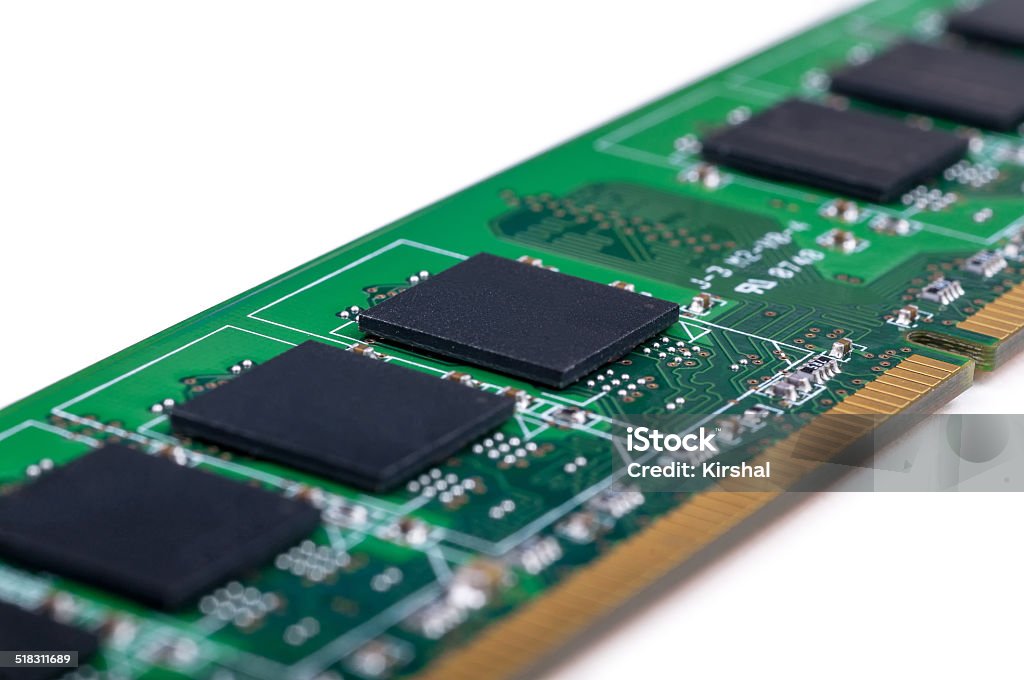 RAM memory module Partially view of PC RAM memory module. Close-up. Isolated on white background. Semiconductor Stock Photo