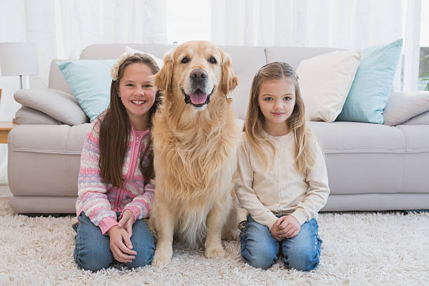 istock Sisters sitting on rug with golden retriever smiling at camera 518312859