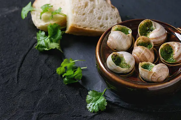 Escargots de Bourgogne - Snails with herbs butter, gourmet dish, in traditional ceramic pan with parsley and bread on stone slate board over black textured background. Close up