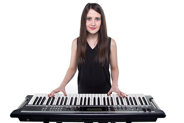 istock Brunette woman and synthesizer 518322464