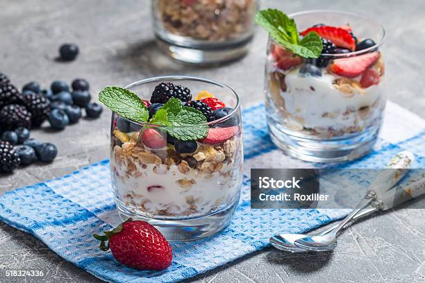 Homemade Yogurt With Baked Granola Stock Photo - Download Image Now - Berry Fruit, Blackberry - Fruit, Blueberry