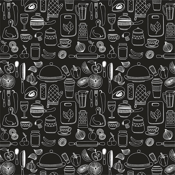 Set of hand drawn cookware. Set of hand drawn cookware. Kitchen background. Doodle kitchen equipments. Vector illustration cooking patterns stock illustrations