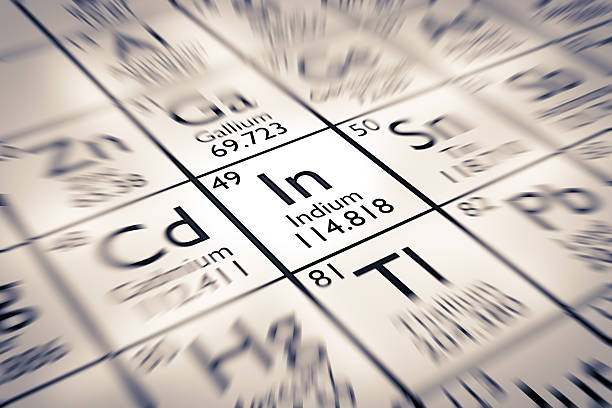 Focus on Indium Chemical Element from the Mendeleev Periodic Table stock photo