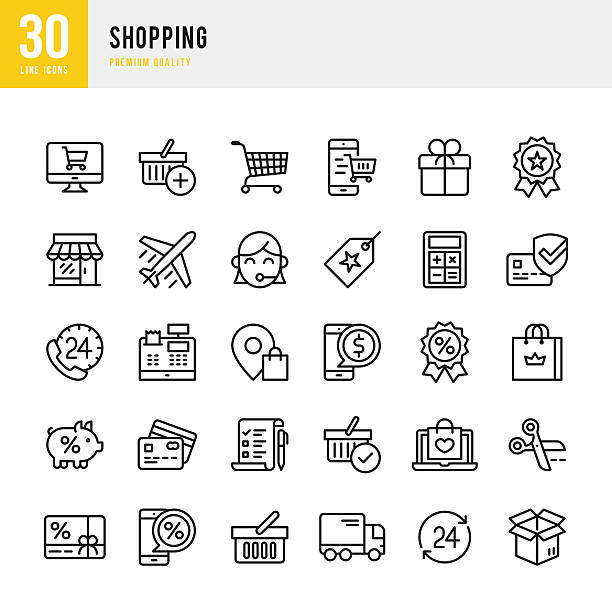 ilustrações de stock, clip art, desenhos animados e ícones de comercial conjunto de ícones de linha fina - laptop retail e commerce store