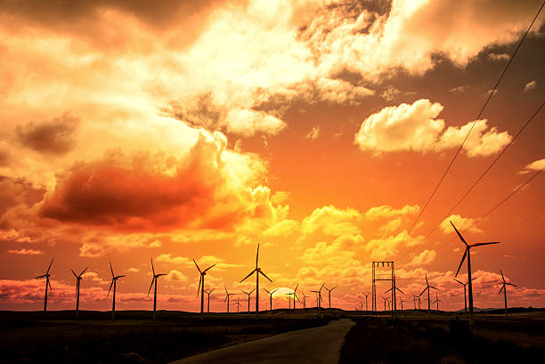 Wind turbine field at sunset, dramatic sky Wind turbine field at sunset, dramatic sky fiels stock pictures, royalty-free photos & images
