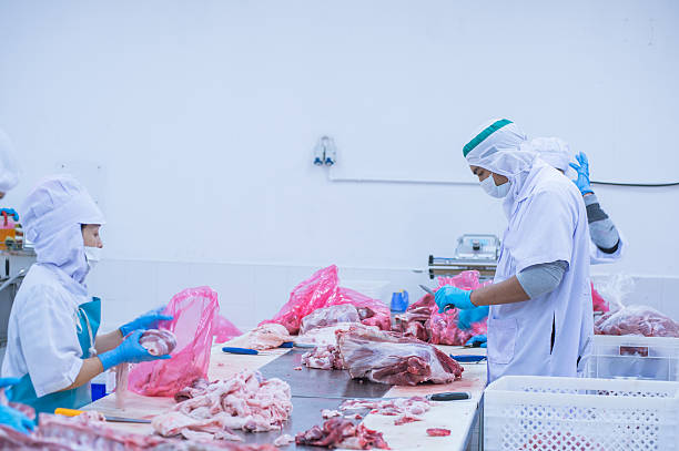 istock cutting meat slaughterhouse workers in the factory 518346834