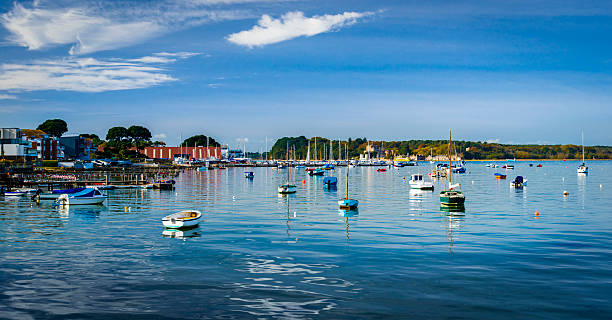 barcos en poole puerto, dorset, con vista a la isla brownsea - poole fotografías e imágenes de stock