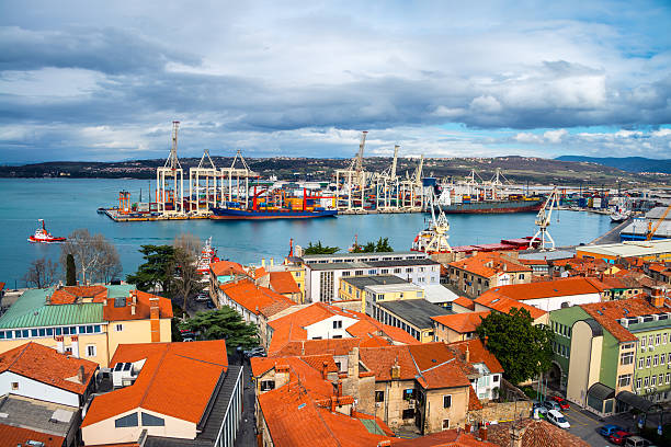 Aerial view of port in Koper, Slovenia Aerial view of port of Koper, Slovenia. Cloudy sky over the historical buildings. koper slovenia stock pictures, royalty-free photos & images
