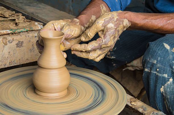 istock Hands of making clay pot ,select focus, close-up. 518349818