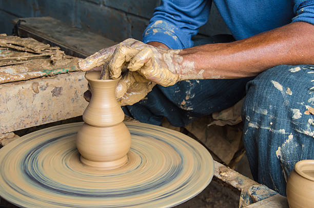 istock Hands of making clay pot ,select focus, close-up. 518350170