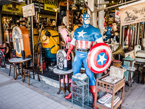 Bangkok , Thailand - February 14, 2016: A shop near Chatuchak market in Bangkok selling assorted vintage objects.  
