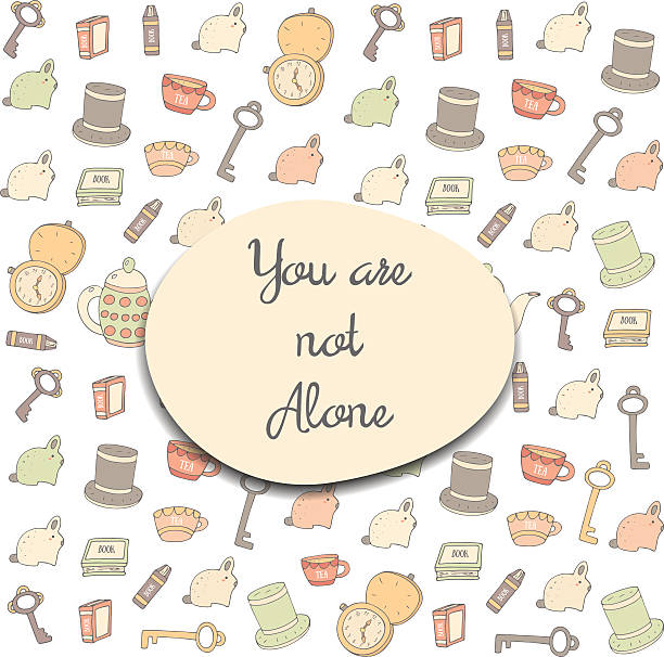 Cute hand drawn doodle you are not alone postcard Cute hand drawn doodle you are not alone postcard with key, hat, rabbit, watch, cup with tea, book. Positive, motivating card, cover, background you are not alone stock illustrations