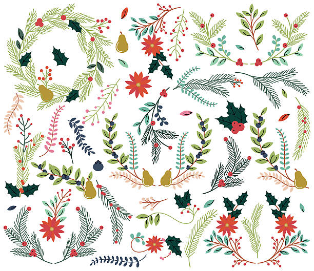 Vector Collection of Vintage Style Hand Drawn Christmas Holiday Florals Vector Collection of Vintage Style Hand Drawn Christmas Holiday Florals. No transparencies or gradients used. Large JPG included. Each element is individually grouped for easy editing. evergreen garland stock illustrations