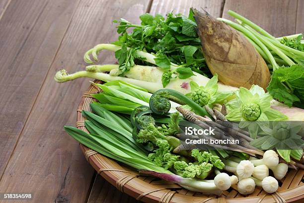 Sansai Japanese Edible Wild Plants Vegetables Stock Photo - Download Image Now - Vegetable, Springtime, Sansai Plants