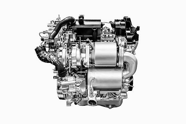 monocromo de potente motor de coche moderno aislado sobre fondo blanco. - diesel engine fotografías e imágenes de stock
