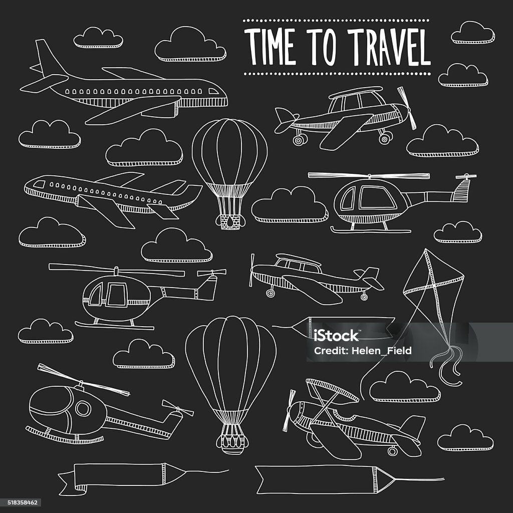 Doodle set of images Time to travel Doodle set of images Time to travel Hand drawn picture Chalk Drawing stock vector