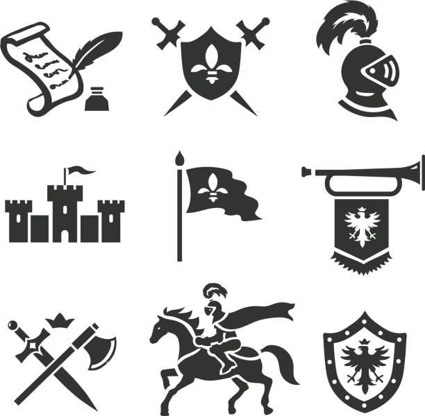 Knight medieval history vector icons set. Middle ages warrior weapons. Knight medieval history vector icons set. Middle ages warrior weapons. Sword, shield and castle  knight person stock illustrations