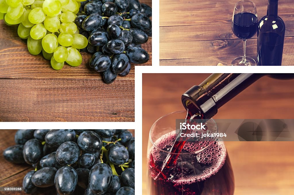 Beautiful collage with the wine Beautiful collage with the wine in the glass, the wine in butilke and grapes on wooden background Alcohol - Drink Stock Photo