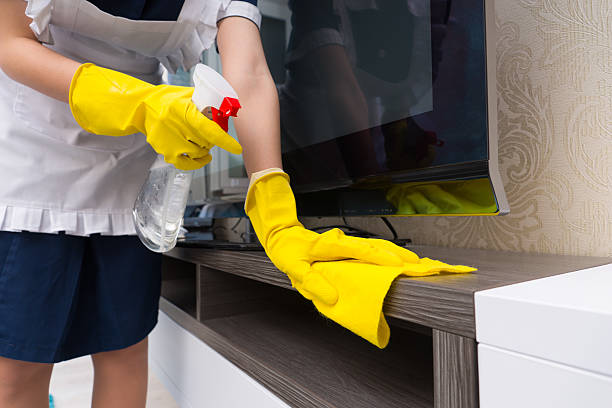 istock Maid cleaning a television cabinet 518359292