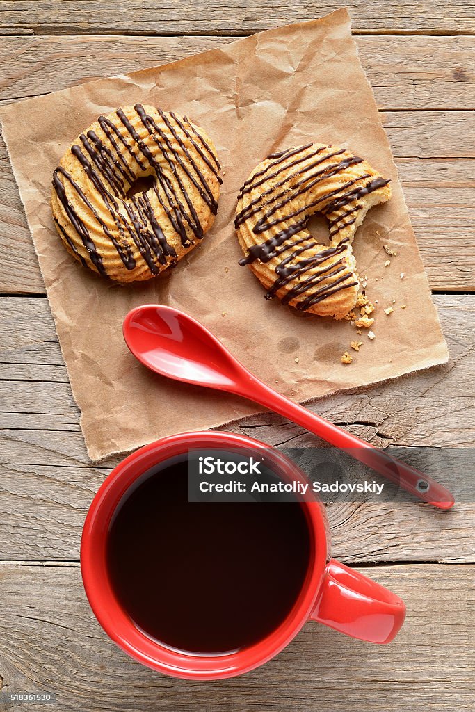 Coffee cup and cookies on wooden table Coffee cup and cookies on wooden table top view Breakfast Stock Photo