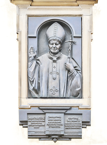 Catholic priest, Pope John Paul II. A plaque in the city of Lviv, Ukraine