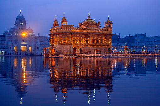 The Golden Temple or Harmandir Sahib in the city of Amritsar in the Punjab region of northwest India. The center of the Sikh faith and the site of its holiest shrine.