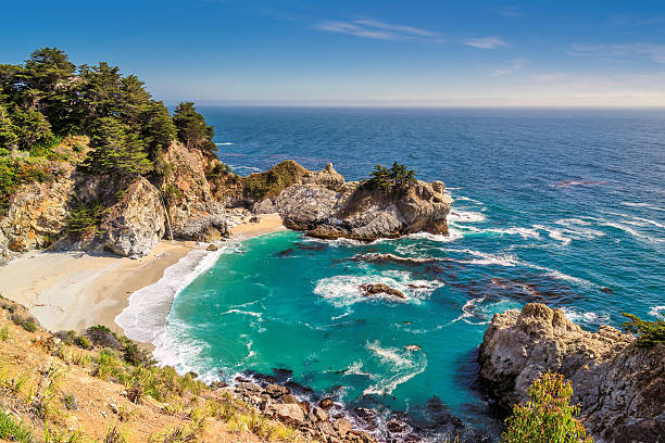 Beach and Falls, Julia Pfeiffer Beach, McWay Falls, California McWay falls is merely a small stream dropping just 80 feet. What makes it stunning is the drop is from the rocky coastline into a blueish-green, secluded cove surrounded with the rocky coast with palm trees and pines. It lies in Julia Pfeiffer Burns State Park in Big Sur. big sur stock pictures, royalty-free photos & images