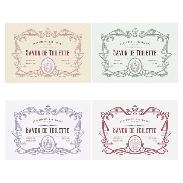 Vintage label Vintage soap label with retro liberty decoration and text. 1930s style stock illustrations