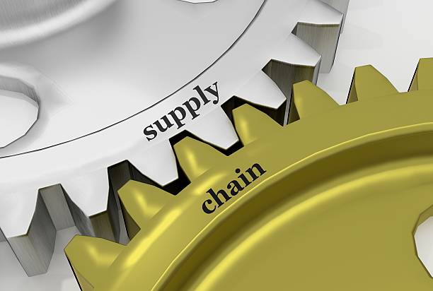 Supply Chain on a Mechanism of silver and bronze gears stock photo