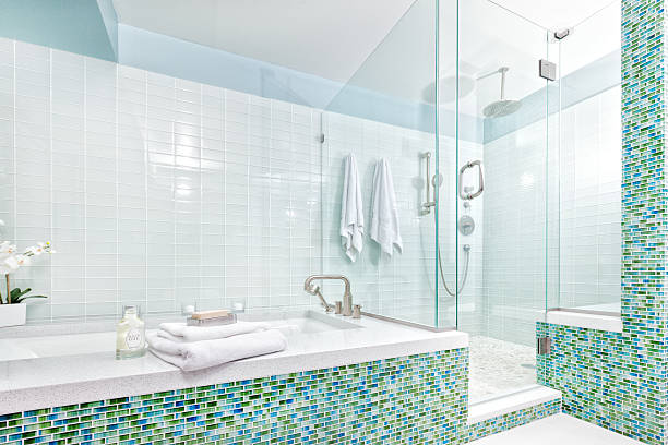 contemporáneo su hogar lejos del hogar en el baño con ducha independiente, bañera y baldosas de vidrio - bathroom shower glass contemporary fotografías e imágenes de stock