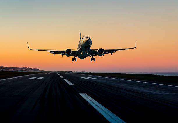 istock Passenger airplane landing at sunset 518380738