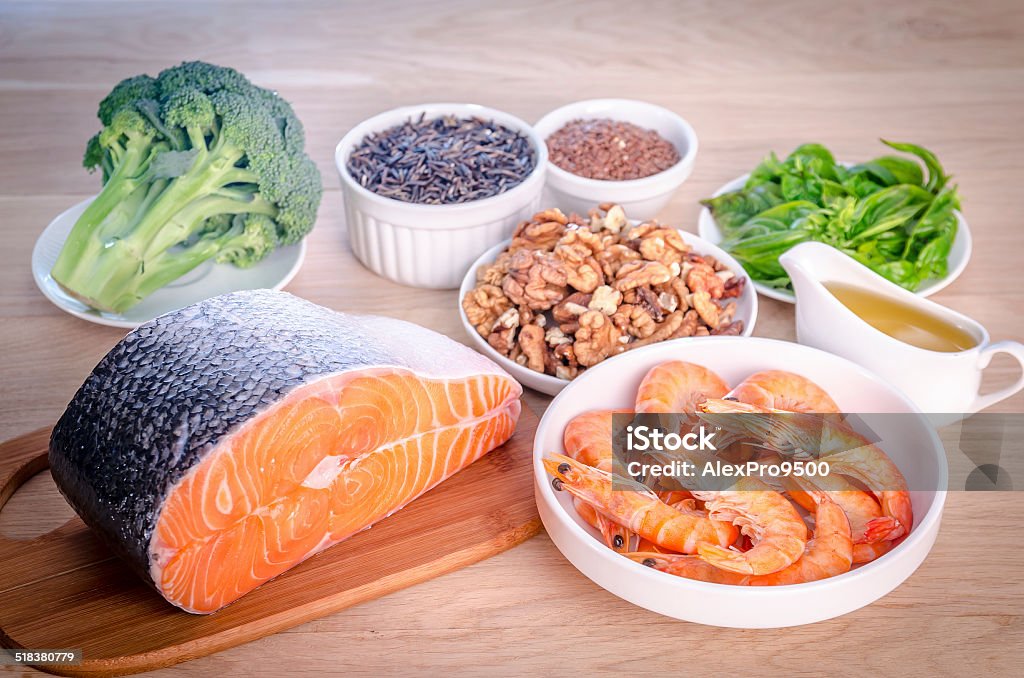 Plant-based and animal sources of Omega-3 acids Cooking Oil Stock Photo