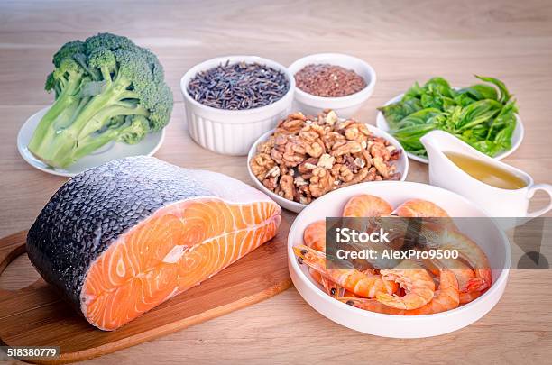 Plantbased And Animal Sources Of Omega3 Acids Stock Photo - Download Image Now - Cooking Oil, Fat - Nutrient, Flax Seed