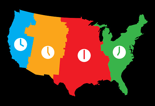 Vector illustration of USA divided into four colored time zones with clocks.